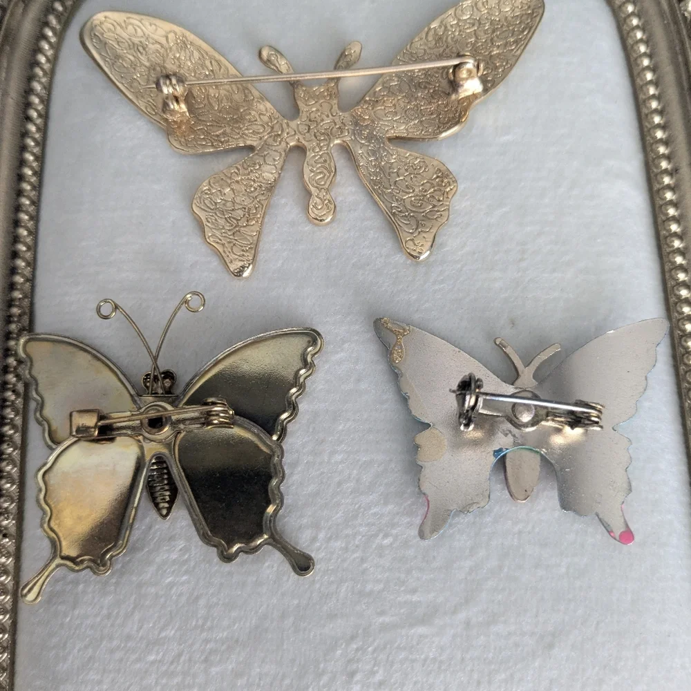 3 Vintage Multicolored Gold Tone Colorful Butterfly Brooches